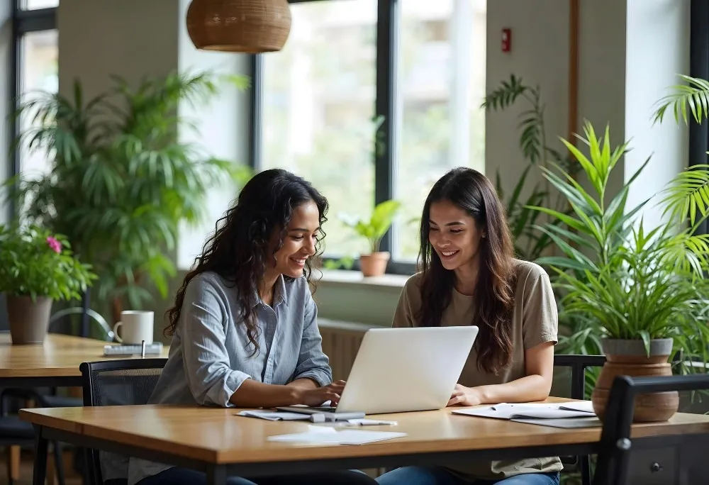 Two colleagues collaborating at a laptop